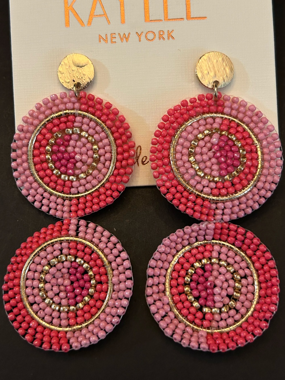 Kay Lee Pink, Red & Gold Boho Design Circular Handcrafted Beaded Drop Earrings